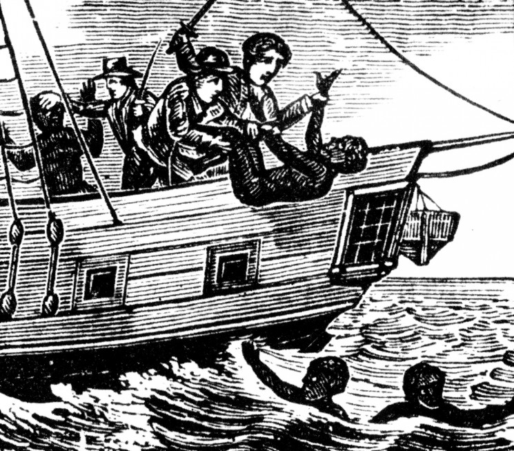 BM6GC1 ZONG MASSACRE - contemporary woodcut of the mass-killing of African slaves in 1781 thrown overboard from the ZONG trading ship